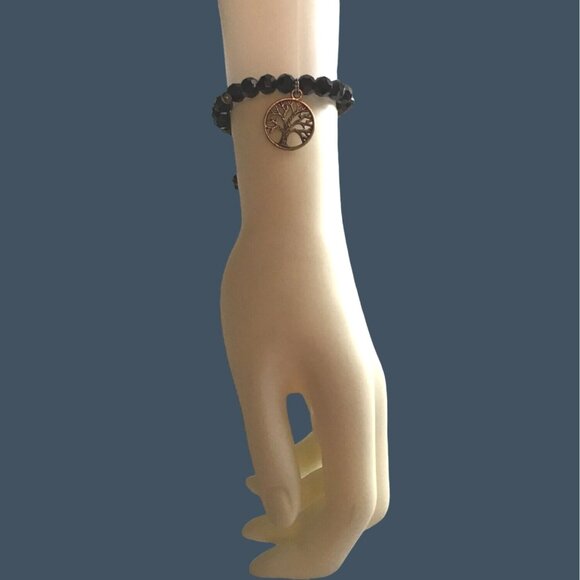 WOMENS BLACK BEADS AND TREE OF LIFE CHARM ADJUSTABLE BRACELET - Picture 2 of 3